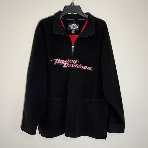 Harley Davidson Men’s Large Fleece Pullover 1/4 Zip Black Red - Picture 1 of 9